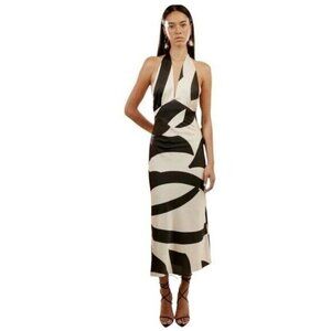 ANTHROPOLOGIE Bardot Citron Halter Midi Dress Black Ivory NEW